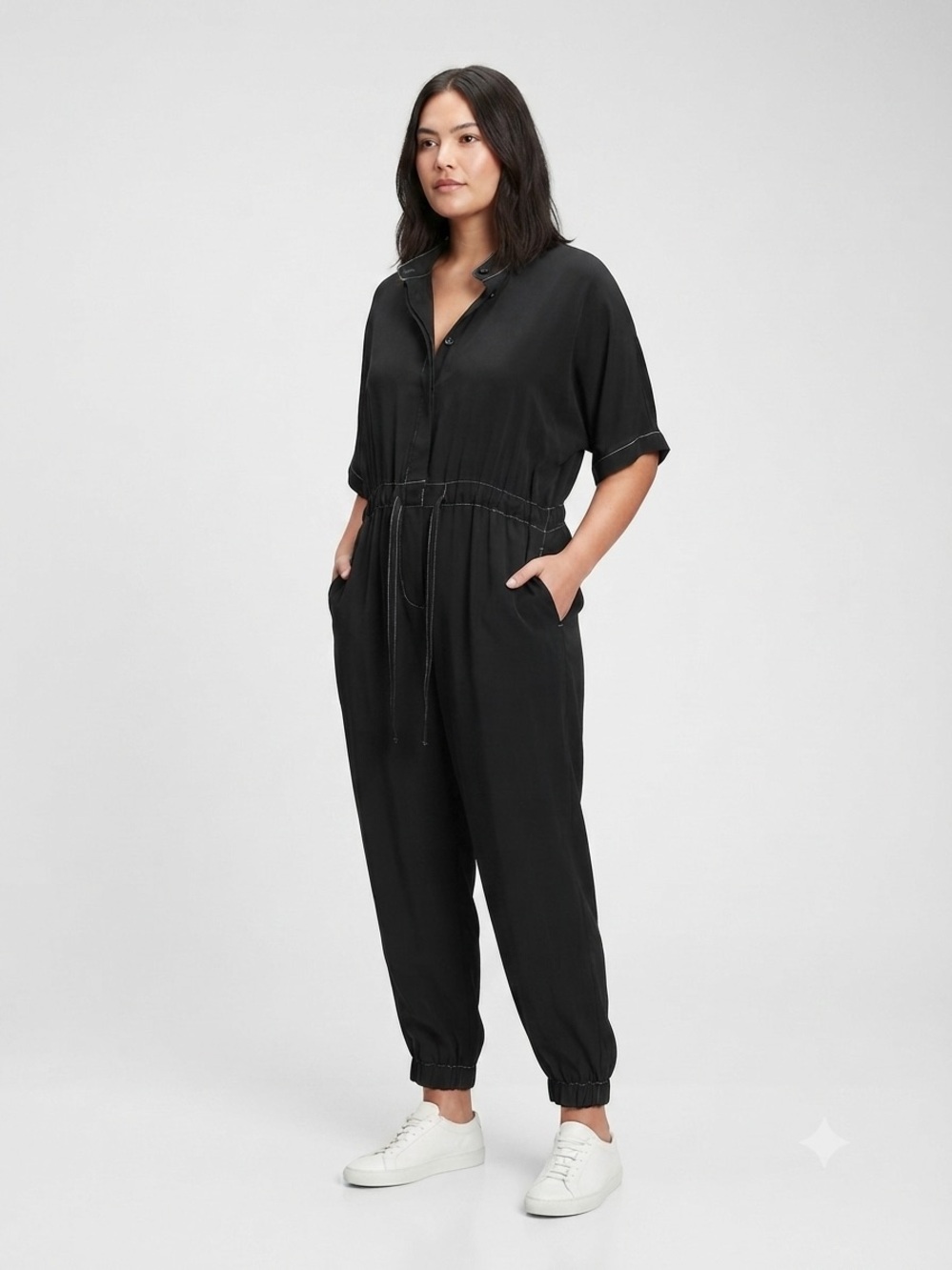Crea Concept Black Contrast Stitch Mock Neck Jumpsuit Sz 38 Side Pockets
